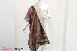 Brown silk scarf hand-embroidered with bamboo branch and bird